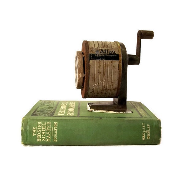 Vintage School Pencil Sharpener - Apsco Atlas - Crank Sharpener - Rustic Decor - Farmhouse - Antique Classroom - Rusty Gray Metal