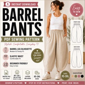Puede incluir: Un patrón de costura en PDF para pantalones tipo barril con silueta de pierna ancha y cintura elástica. El documento incluye dibujos técnicos de vista frontal y trasera, tallas XS-3XL, formatos digitales A0, A4 y US letter, e instrucciones paso a paso.