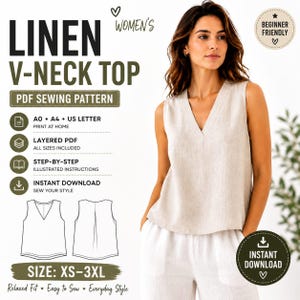 Puede incluir: Una blusa sin mangas de lino en color beige con cuello en V y corte holgado. La imagen incluye el texto: LINEN V-NECK TOP, PDF SEWING PATTERN, A0, A4, US LETTER, LAYERED PDF, STEP-BY-STEP, INSTANT DOWNLOAD, SIZE: XS-3XL, BEGINNER FRIENDLY.