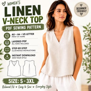 Linen V-Neck Top Sewing Pattern, Sleeveless Blouse (S-3XL) (PDF Download)