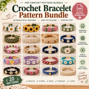 May include: A digital PDF crochet pattern bundle featuring 20 bracelet designs. The image displays various crocheted bracelets with floral, beaded, and geometric motifs in diverse colors, alongside text indicating printable files, photo tutorials, and instructions.