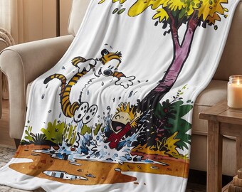 Calvin and Hobbes Throw Blanket, Colorful Comic Blanket, Cozy Couch Cover, Kids Bedroom Decor, Fun Gift for Book Lovers