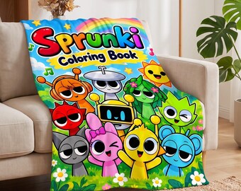 May include: A soft throw blanket featuring a colourful Sprunki Coloring Book graphic with various cartoon characters, including a yellow robot, a pink rabbit, and a blue creature, set against a green grassy field and a rainbow sky.