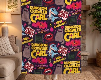 Dungeon Crawler Throw Blanket, Funny Tabletop RPG Gaming Blanket, Retro Fantasy Cat and Dinosaur Gift, Cozy Couch Blanket for Gamers