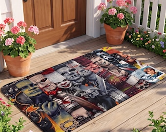 May include: A rectangular doormat featuring a collage of various horror movie characters, including a clown, a masked figure, and a skull, rendered in a vibrant, multi-coloured graphic print style on a dark, textured background.