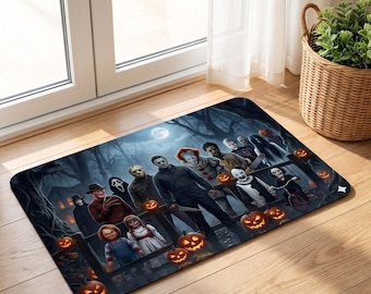 May include: A rectangular floor mat featuring a dark, atmospheric forest scene with a group of iconic horror movie characters. The design includes glowing orange jack-o'-lanterns scattered across the foreground and a full moon in the sky.