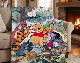 May include: A soft throw blanket featuring a colourful illustration of Winnie the Pooh, Tigger, Piglet, Eeyore, Rabbit, Kanga, Roo, and Gopher in a forest setting. The characters are gathered around a honey pot with spilled honey.