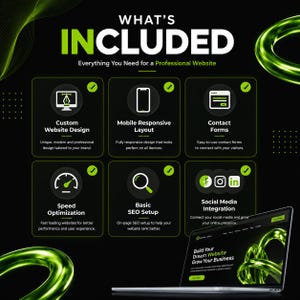 May include: A black graphic display titled WHAT'S INCLUDED with green accents. It lists six website services: Custom Website Design, Mobile Responsive Layout, Contact Forms, Speed Optimization, Basic SEO Setup, and Social Media Integration.