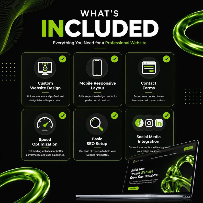 May include: A black graphic display titled WHAT'S INCLUDED with green accents. It lists six website services: Custom Website Design, Mobile Responsive Layout, Contact Forms, Speed Optimization, Basic SEO Setup, and Social Media Integration.