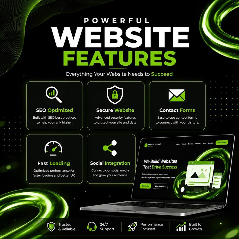 May include: A black and green graphic display titled POWERFUL WEBSITE FEATURES. It lists services including SEO Optimized, Secure Website, Contact Forms, Fast Loading, and Social Integration, with a laptop showing a website interface.