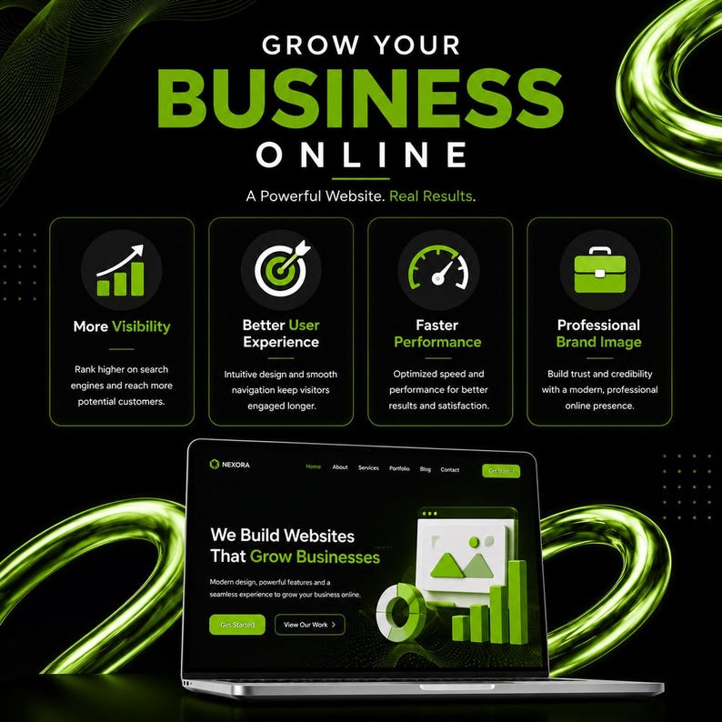 May include: A digital marketing graphic with a black background and lime green accents. The text reads GROW YOUR BUSINESS ONLINE. A laptop displays a website with the text We Build Websites That Grow Businesses. Four icons represent visibility, user experience, performance, and brand image.