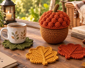 Acorn Crochet Pattern, Fall Coaster Set Pattern, Leaf Coasters PDF, Autumn Home Decor, Crochet Table Decor, Instant Download