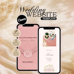 May include: Two smartphones displaying a wedding website template with a pink theme. The screens show text including Wedding Website Template, A Love Story Begins Here, Emma & James, Open Invitation, Meet Us In Florida, and a countdown timer.