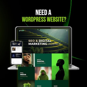 May include: A laptop and a smartphone displaying a website for an SEO and digital marketing agency. The screen features the text NEED A WORDPRESS WEBSITE?, SEO & DIGITAL MARKETING AGENCY, and images of green rice terraces, a parrot, and a person.