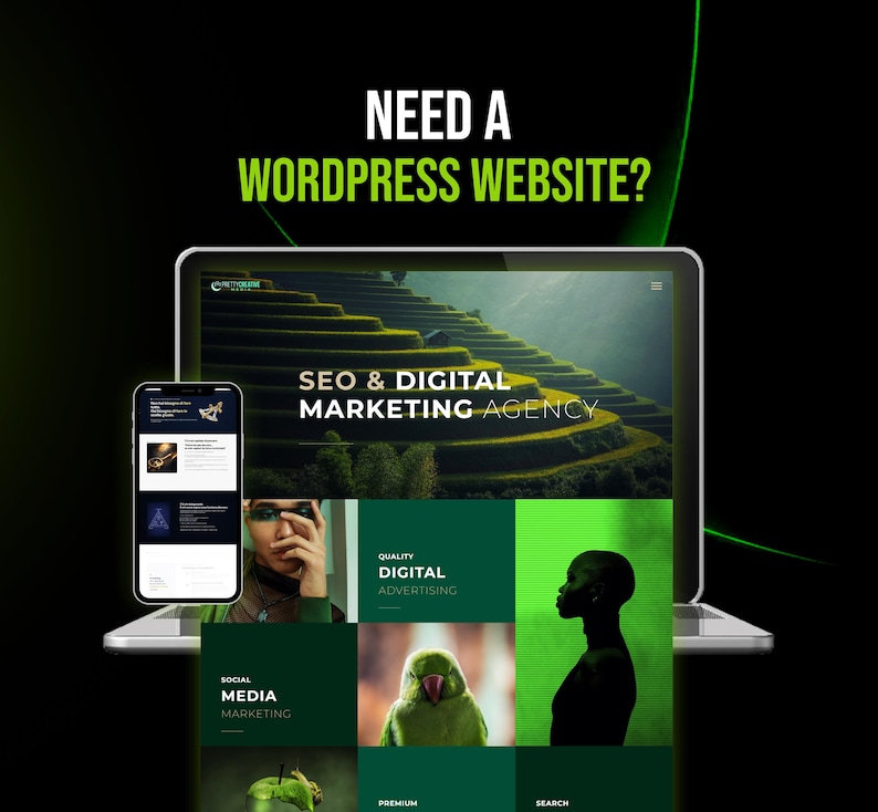 May include: A laptop and a smartphone displaying a website for an SEO and digital marketing agency. The screen features the text NEED A WORDPRESS WEBSITE?, SEO & DIGITAL MARKETING AGENCY, and images of green rice terraces, a parrot, and a person.