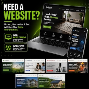 May include: A laptop and a smartphone displaying various business websites, with text overlays reading NEED A WEBSITE, WEB DEVELOPMENT, and WORDPRESS. The screen content showcases diverse company landing pages including RugKnot, BlueRawal, and Aigros.