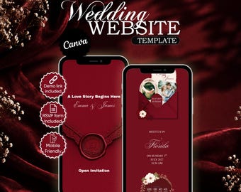 Burgundy Wedding Website Template | Canva Wedding Invitation | Editable Wedding Website | RSVP Form | Mobile Invitation
