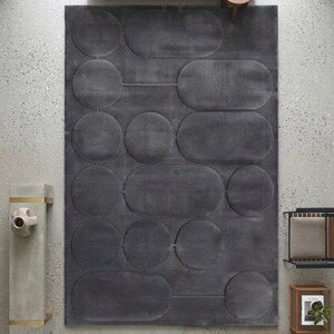 Dark Grey Geometric Area Rug, Rounded Abstract Modern Floor Decor
