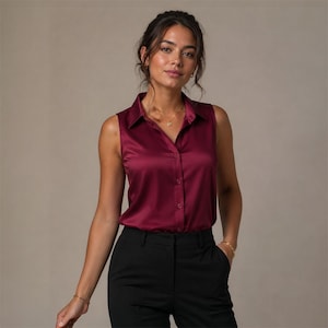 May include: A sleeveless button-down shirt in a deep burgundy satin fabric with a classic collar. The shirt features a smooth, lustrous finish and a straight-cut hem, paired with solid black trousers that have a clean, tailored appearance.