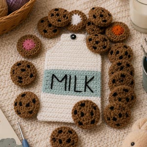 May include: A crocheted milk carton with the word MILK embroidered in black, surrounded by several crocheted chocolate chip cookies, one cookie with a pink center, one with an orange center, and one with a white center, all made of yarn.
