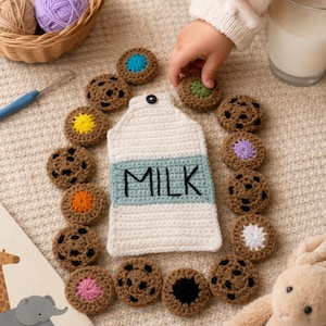 Schema per gioco di memoria all'uncinetto con biscotti a forma di barattolo di latte / Gioco di abbinamento per bambini piccoli (Download PDF)