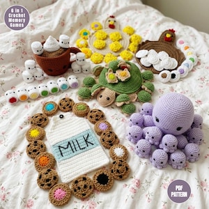 6 Crochet Memory Game Patterns | Chicken with Chicks and Eggs, Turtle Basket, Octopus & Babies, Hot Cocoa, Milk Jar Cookies | PDF Download