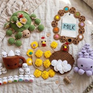 6 Crochet Memory Game Patterns | Chicken with Chicks and Eggs, Turtle Basket, Octopus & Babies, Hot Cocoa, Milk Jar Cookies | PDF Download