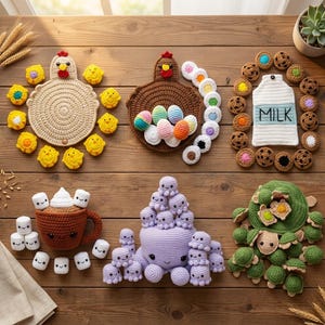 6 Crochet Memory Game Patterns | Chicken with Chicks and Eggs, Turtle Basket, Octopus & Babies, Hot Cocoa, Milk Jar Cookies | PDF Download