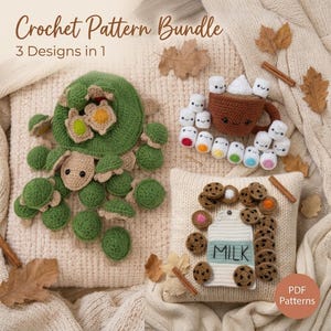 3 in 1 Crochet Memory Game Bundle | Turtle with Babies | Hot Cocoa Marshmallows | Milk & Cookies, Crochet Matching Set | Digital Pattern