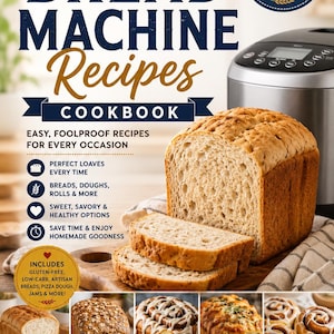 Könnte beinhalten: Das Kochbuch The Ultimate Bread Machine Recipes von Carl Jarmain zeigt auf dem Cover einen großen Laib geschnittenes Brot, einen Brotbackautomaten und fünf kleine Bilder verschiedener Backwaren, darunter Vollkorn-, Süß- und Käsebrote.