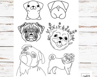 Pug Life 6 patterns for hand embroidery Pug Love