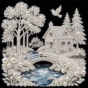 May include: A decorative wall art piece featuring a winter landscape scene crafted from white pearls and clear crystals. The design includes a house, pine trees, a bridge over a flowing stream, and a bird in flight, all set against a black background.