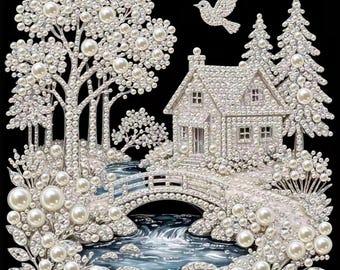 May include: A decorative wall art piece featuring a winter landscape scene crafted from white pearls and clear crystals. The design includes a house, pine trees, a bridge over a flowing stream, and a bird in flight, all set against a black background.