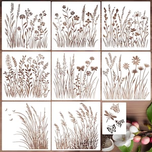 May include: A set of nine square stencils featuring brown silhouettes of various wildflowers, tall grasses, and meadow plants. One stencil includes small flying insects, while another features a butterfly, a dragonfly, and a bee.