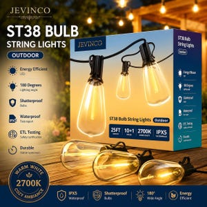 May include: Jevinco ST38 LED string lights with clear bulbs on a black cord. The packaging box displays 25ft length, 10+1 bulbs, 2700K warm white light, and IPX5 waterproof rating. Features include energy efficiency, 180-degree angle, and shatterproof design.