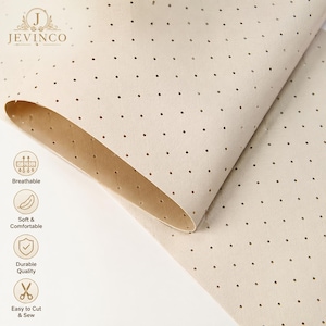 May include: A sheet of beige perforated material with a repeating pattern of small, evenly spaced holes. The JEVINCO logo appears at the top left, with four circular icons below labeled Breathable, Soft & Comfortable, Durable Quality, and Easy to Cut & Sew.