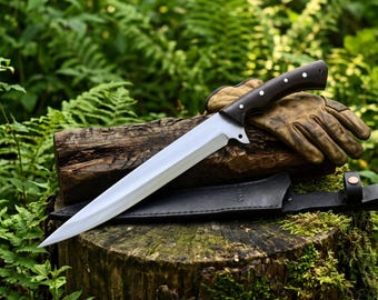 Coltello da scuoiatura con lama da 33 cm / Coltello da caccia e per attività all'aperto forgiato a mano / Acciaio a molla a balestra / Manico in palissandro / Fodero in pelle incluso