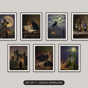 Set of 7 witchy wall art printable prints shown as a gallery wall