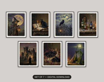 Hexenhafte Wandbilder, 7er-Set, Vintage-Ölgemälde-Drucke, gotische Bilderwand, Kaminsims-Dekoration, Gruselige Jahreszeit – digitaler Download