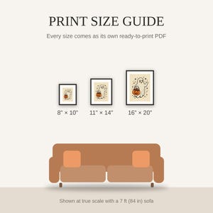 Print size guide showing 8x10, 11x14, and 16x20 framed prints at true scale beside a sofa
