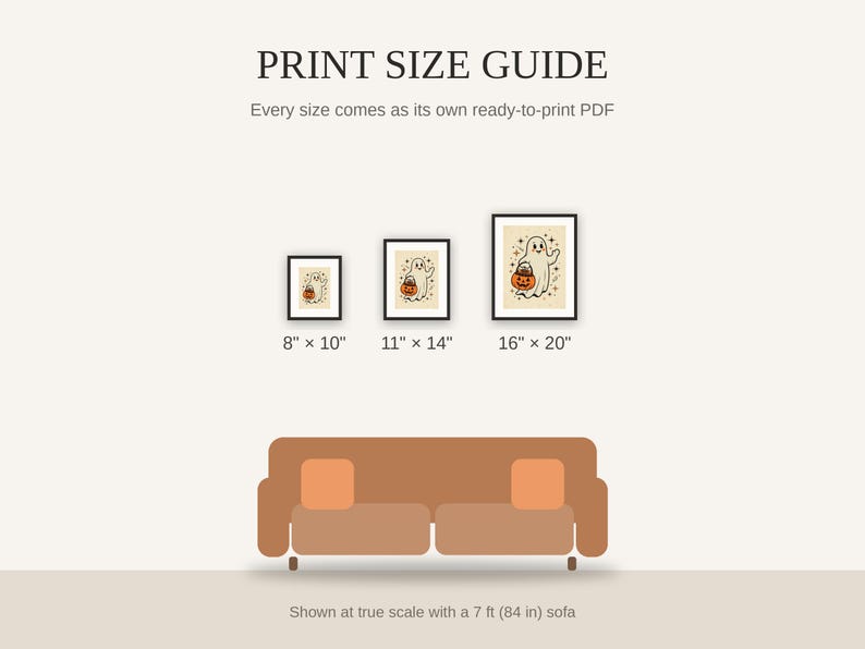 Print size guide showing 8x10, 11x14, and 16x20 framed prints at true scale beside a sofa