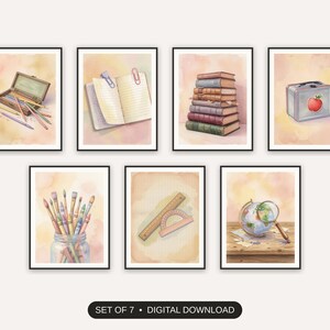 Set of 7 vintage school supply illustrations printable prints shown as a gallery wall