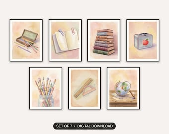 School Supplies Wall Art Set of 7 | Watercolor Retro Classroom Prints | Student Dorm Decor Digital Download