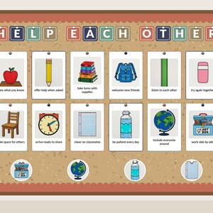 Helping Hands bulletin board kit assembled on a classroom board