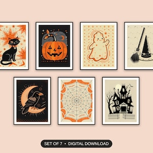 Set of 7 halloween decor printable prints shown as a gallery wall