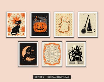 Halloween Printable, Set Of 7, Retro Mid Century Prints, Spooky Season Kitchen Decor, Atomic Diner Style, Digital Download