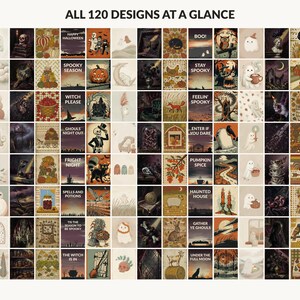 All 120 Halloween printable designs in the bundle shown together on one contact sheet
