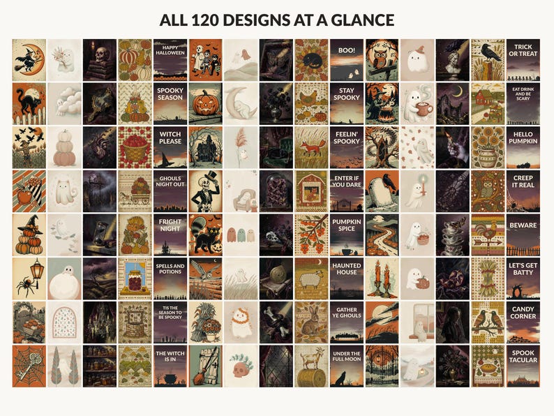 All 120 Halloween printable designs in the bundle shown together on one contact sheet