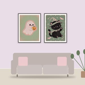 halloween decor and spooky season wall art printable art framed above a sofa in a styled living room