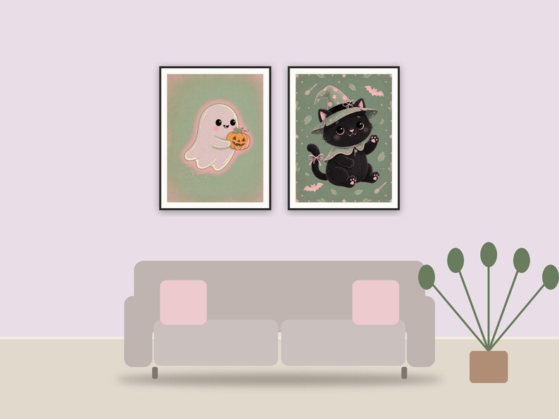 halloween decor and spooky season wall art printable art framed above a sofa in a styled living room